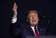 President Donald Trump speaks at a rally at Minden-Tahoe Airport in Minden, Nev., Saturday, Sept. 12, 2020. (AP Photo/Andrew Harnik)