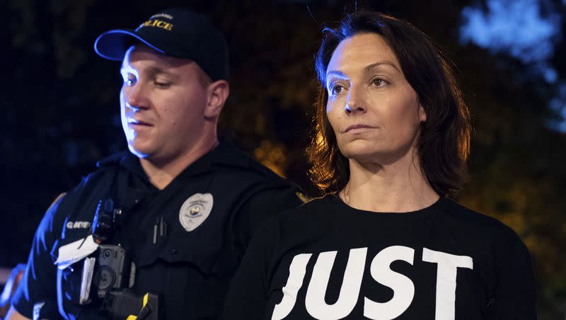 State Democratic Party Chair Nikki Fried is arrested by the Tallahassee Police Department outside of City Hall, Monday, April 3, 2023, in Tallahassee, Fla. Fried was among a group speaking out in opposition to SB300, which would put in place a six-week abortion ban in the state.