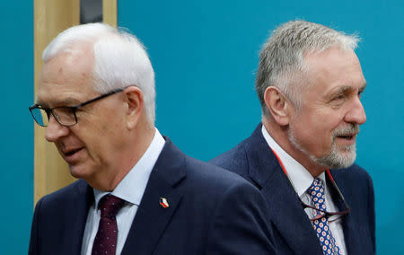 Czech presidential candidates Jiri Drahos and Mirek Topolanek are seen as they arrive for the last radio debate before the country's direct presidential election in Prague, the Czech Republic January 12, 2018. REUTERS/David W Cerny