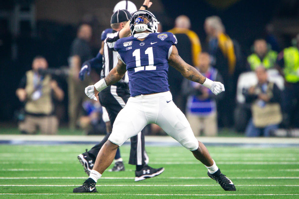 ARLINGTON, TX - DECEMBER 28: Penn State Nittany Lions linebacker Micah Parsons (11) celebrates after a sack during the Cotton Bowl Classic college football game against the Memphis Tigers on December 28, 2019 at AT&T Stadium in Arlington, Texas. (Photo by William Purnell/Icon Sportswire via Getty Images)