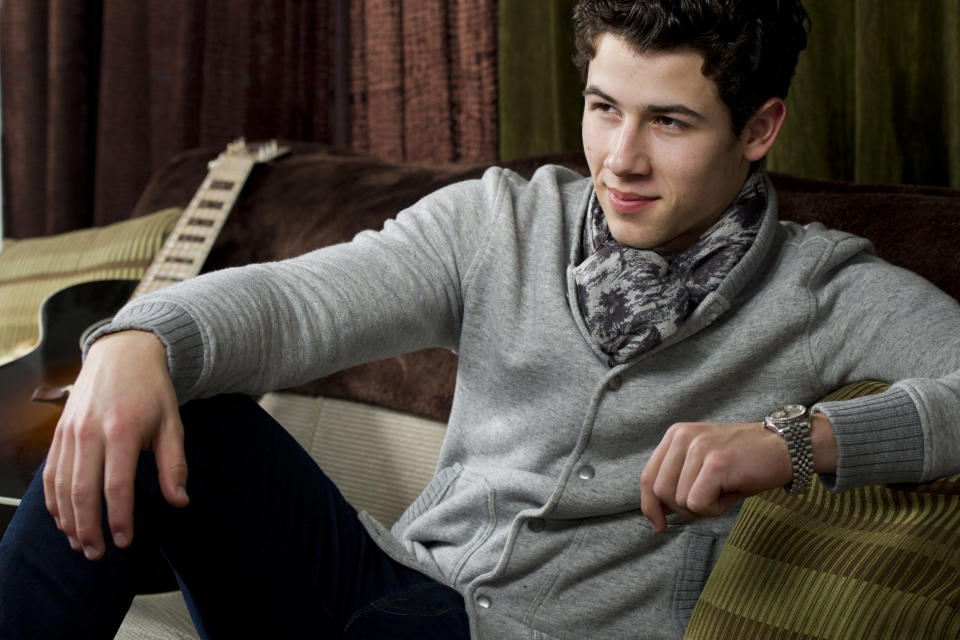 In this Feb. 22, 2012 photo, Nick Jonas poses for a portrait in his dressing room before a performance of Broadway's "How to Succeed in Business Without Really Trying", in New York. (AP Photo/Charles Sykes)