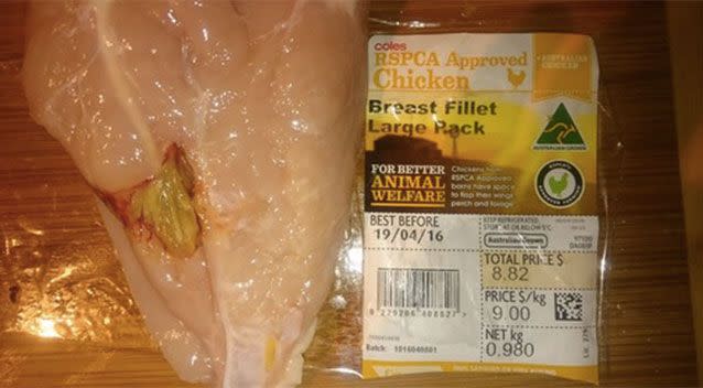 The reddit user posted two pictures of the chicken, one was beside Coles packaging. Source: Reddit.