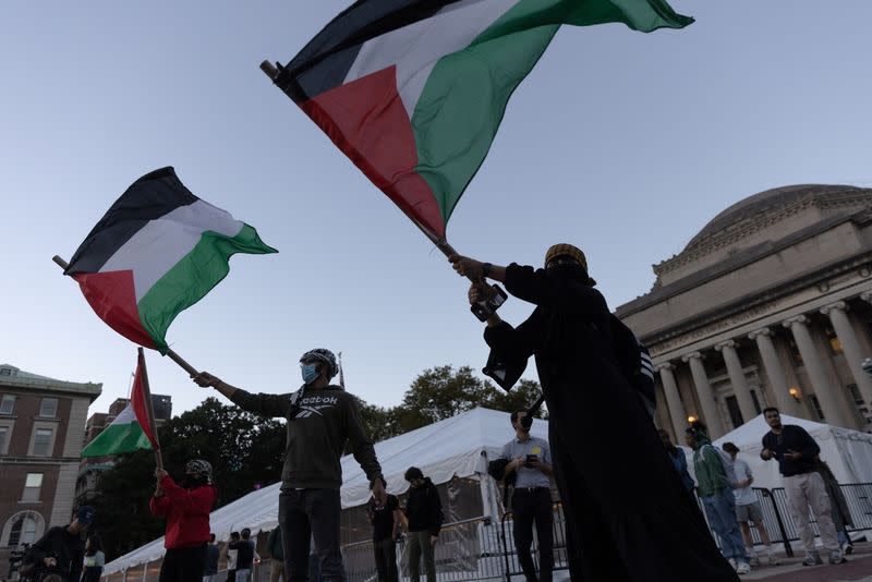 Pro-Palestinian students take part in a protest in support of the Palestinians amid the ongoing conflict in Gaza, at Columbia University in New York City