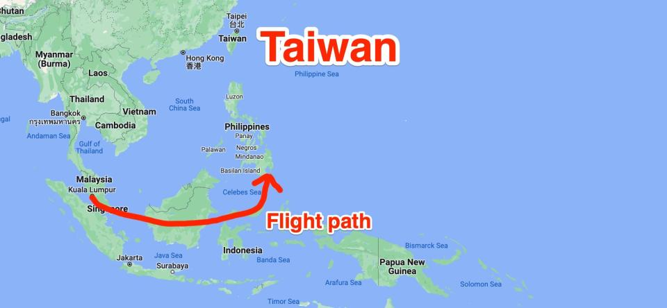 Southeast Asia flight map appearing to show Nancy Pelosi heading to Taiwan