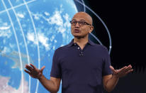 Microsoft CEO Satya Nadella delivers the keynote address at Build, the company's annual conference for software developers Monday, May 6, 2019, in Seattle. (AP Photo/Elaine Thompson)