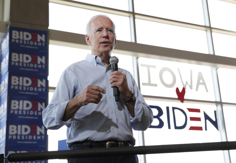 Democratic presidential candidate former Vice President Joe Biden speaks during a town hall meeting, Tuesday, June 11, 2019, in Ottumwa, Iowa. (AP Photo/Matthew Putney)