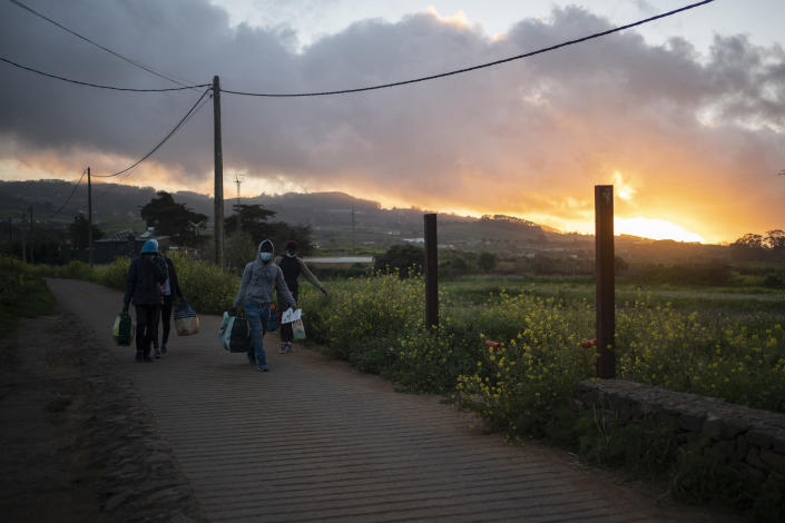 Migrants walk near Las Raices camp in San Cristobal de la Laguna, in the Canary Island of Tenerife, Spain, Thursday, March 18, 2021. Several thousand migrants have arrived on the Spanish archipelago in the first months of 2021. Due to the terrible living conditions and the poor quality of food and water at the Las Raices camp, some migrants have decided to leave the camp and sleep in shacks in a nearby forest instead. (AP Photo/Joan Mateu)