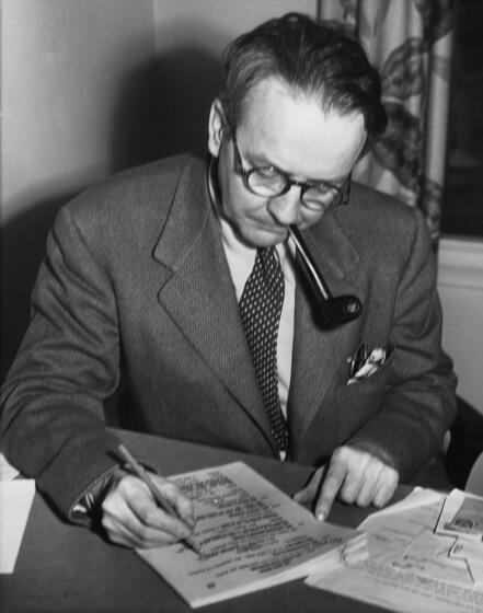U.S. writer Raymond Chandler is seen working on a new murder mystery script at his Hollywood, Ca., USA, home April 16, 1945. (AP Photo)