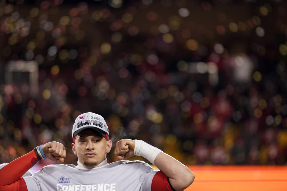 Kansas City Chiefs quarterback Patrick Mahomes celebrates after the NFL AFC Championship playoff football game against the Cincinnati Bengals, Sunday, Jan. 29, 2023, in Kansas City, Mo. The Chiefs won 23-20. (AP Photo/Brynn Anderson)