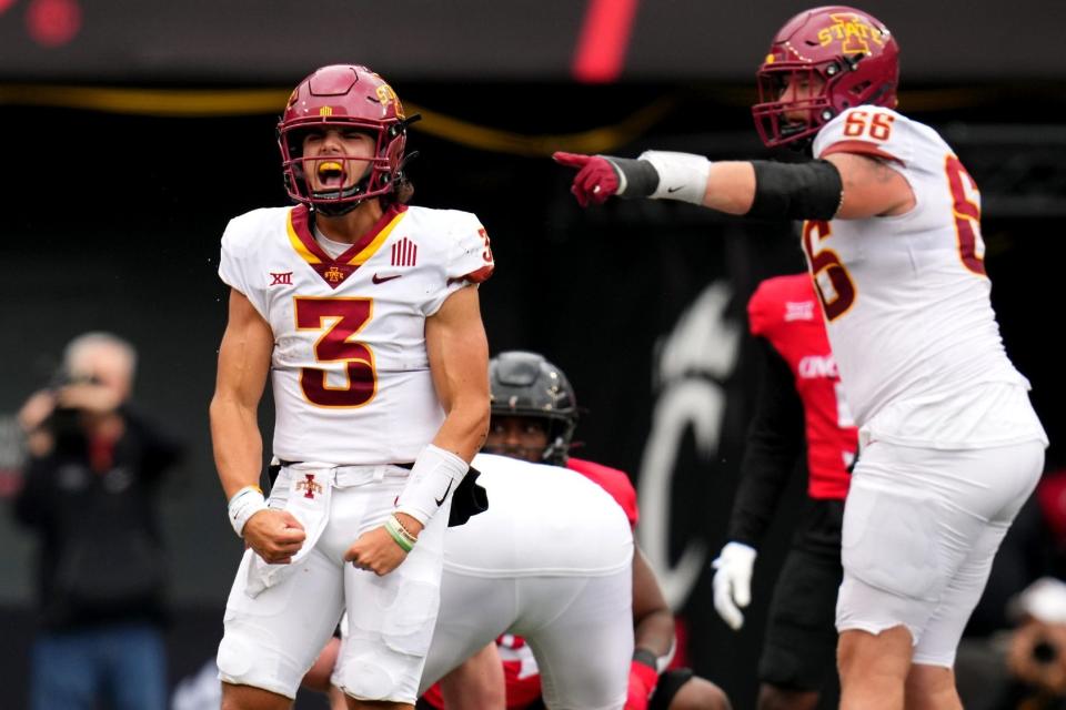 Iowa State Cyclones quarterback Rocco Becht (3) reacts after drawing an offside penalty on the Cincinnati Bearcats defense in the fourth quarter during a college football game between the Iowa State Cyclones and the Cincinnati Bearcats Saturday, Oct. 14, 2023, at Nippert Stadium win Cincinnati. The Iowa State Cyclones won, 30-10.