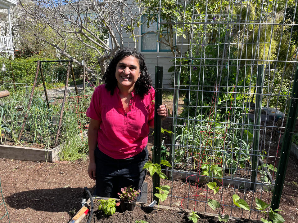 It can be helpful to try to grow some plants like tomatoes vertically, alongside poles, stakes or a trellis, so they don't take up a lot of horizontal space. (Samin Nosrat)