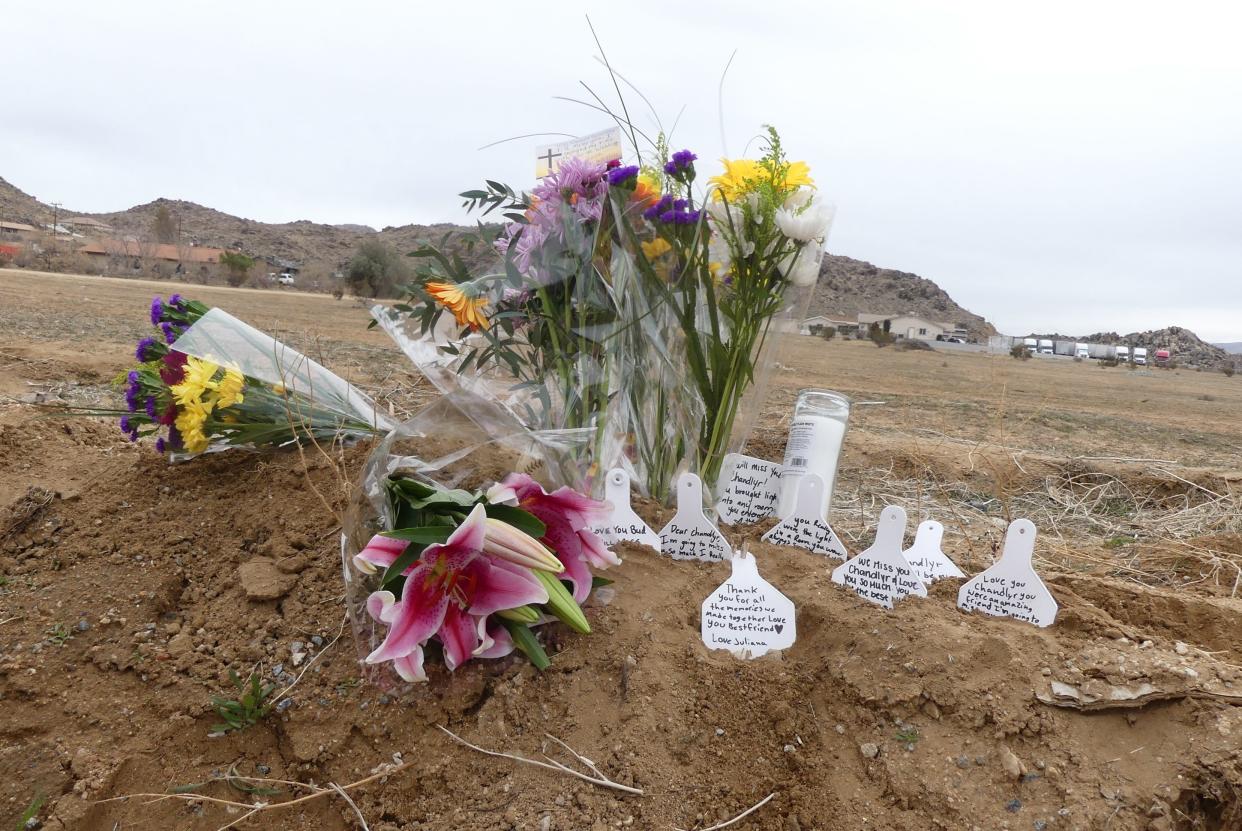 A roadside memorial pays tribute to Chandlyr Dees, 15, who was fatally injured during a traffic collision on New Year’s Day in Apple Valley. A celebration of life for Dees is scheduled at 11 a.m. on Jan. 21 inside Powell Auditorium at High Desert Church in Victorville.