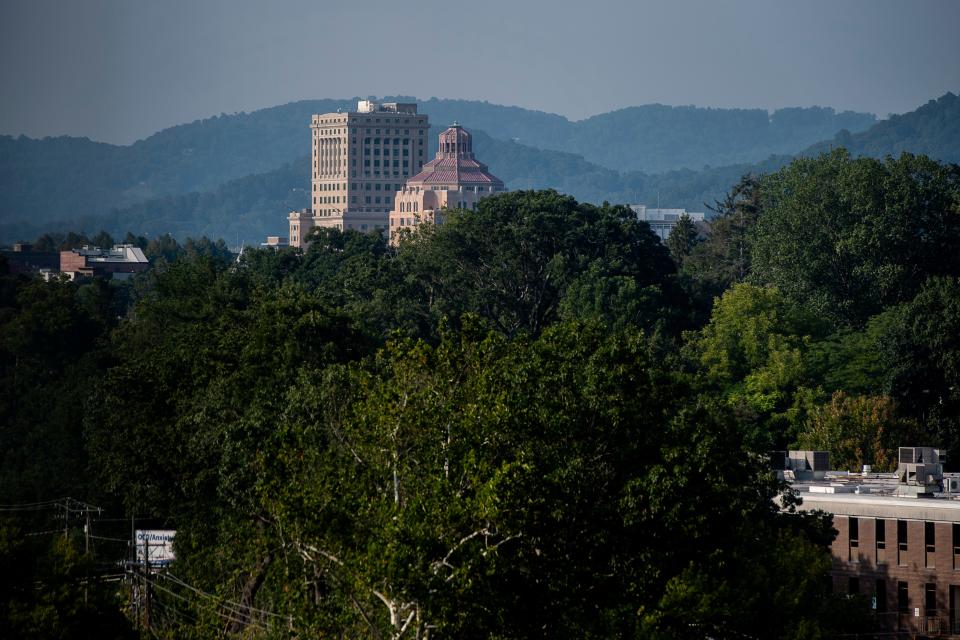 The Buncombe County Courthouse and Asheville’s City Hall are seen from Mission Hospital, August 22, 2023.