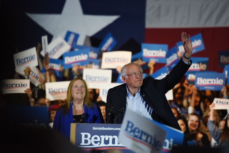 U.S. Democratic presidential candidate Senator Bernie Sanders celebrates with his wife Jane after being declared the winner of the Nevada Caucus in San Antonio