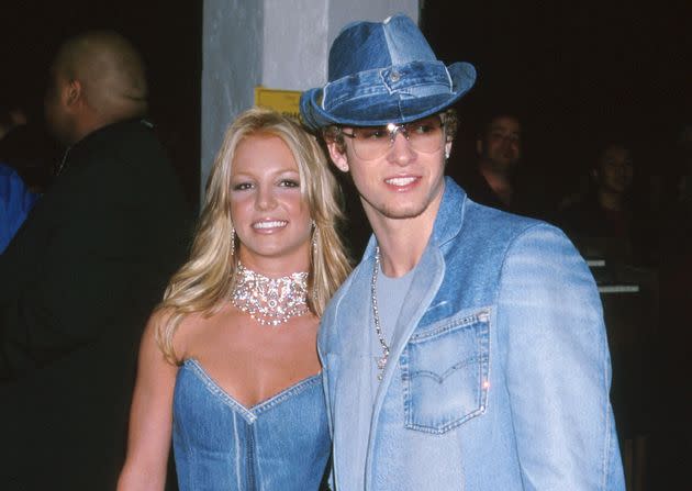 Britney Spears & Justin Timberlake of *NSYNC pictured in their iconic matching denim-on-denim ensembles.