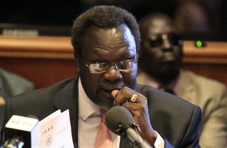 South Sudan's rebel leader Riek Machar addresses a news conference in Ethiopia's capital Addis Ababa, May 12, 2014. REUTERS/Tiksa Negeri