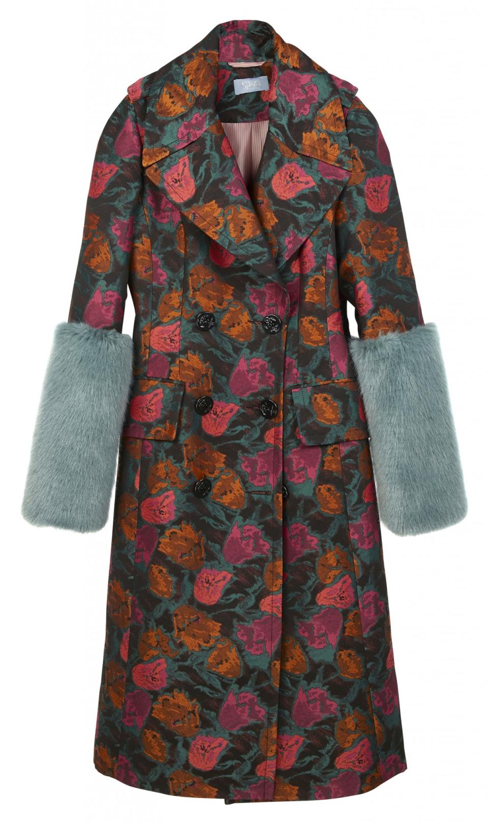 Jacquard coat with faux fur cuffs