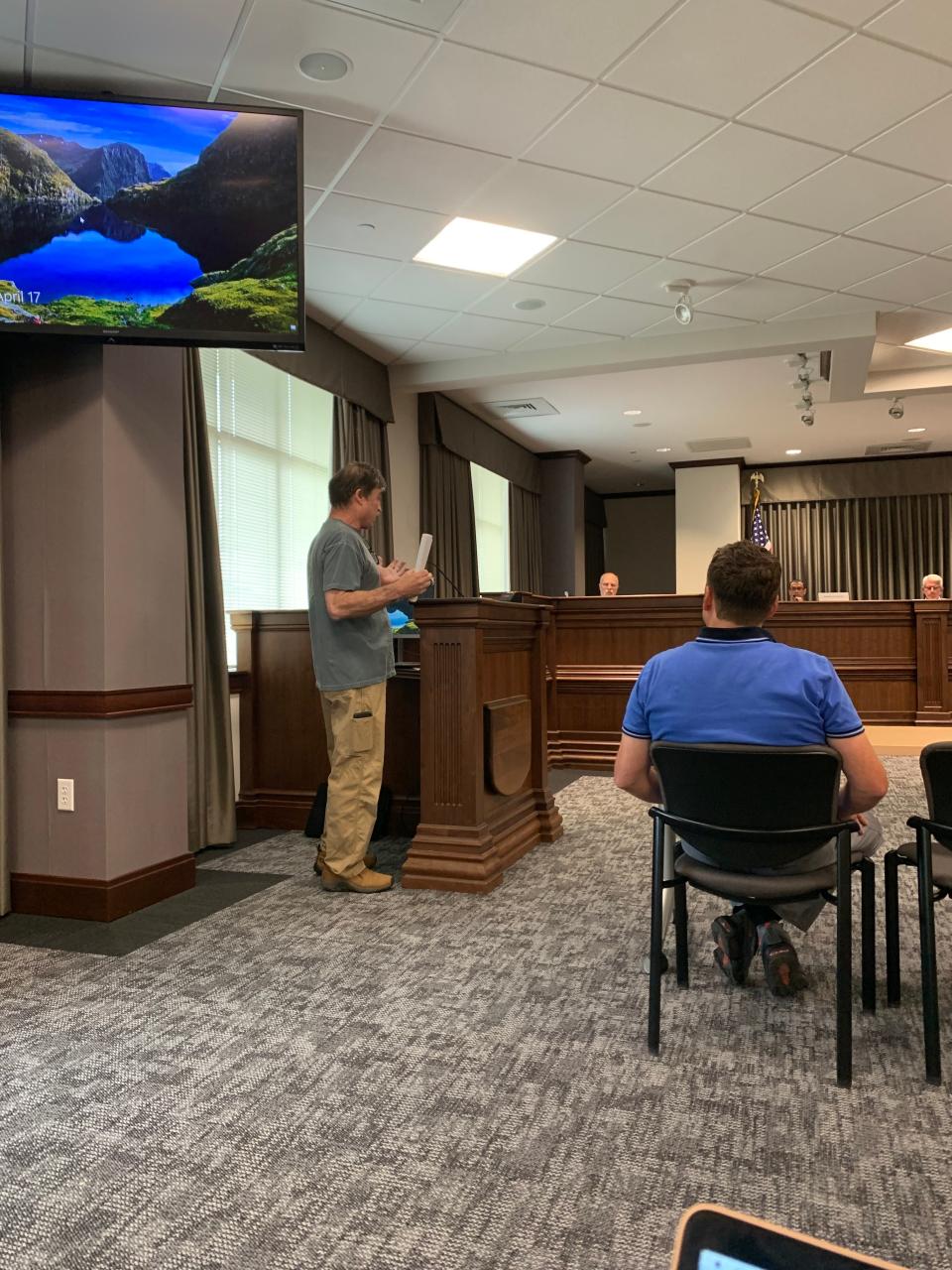 Edmund Mascitelli, a local property owner, spoke as a witness during the April 17 Board of Adjustment meeting. Mascitelli described leaving his property near The Lofts at Swannanoa site as "playing chicken."