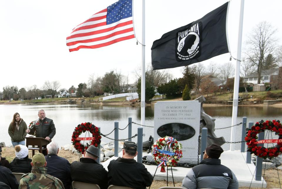 Vietnam veteran Terry Baker of Townsend addresses the crowd attending the Pearl Harbor Memorial at Lake Como in Smyrna on Dec. 7, 2019.