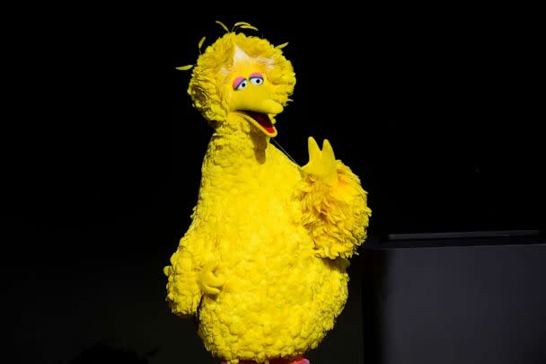 PHOTO: An actor dressed as Sesame Street character 'Big Bird' speaks during an Apple Inc. event at the Steve Jobs Theater in Cupertino, Calif., March 25, 2019. (Bloomberg via Getty Images)