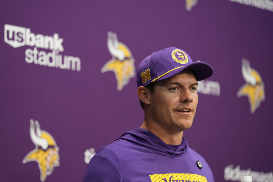 Minnesota Vikings head coach Kevin O'Connell talks to the media following an NFL football game against the Las Vegas Raiders, Saturday, Aug. 10, 2024, in Minneapolis. (AP Photo/Charlie Neibergall)