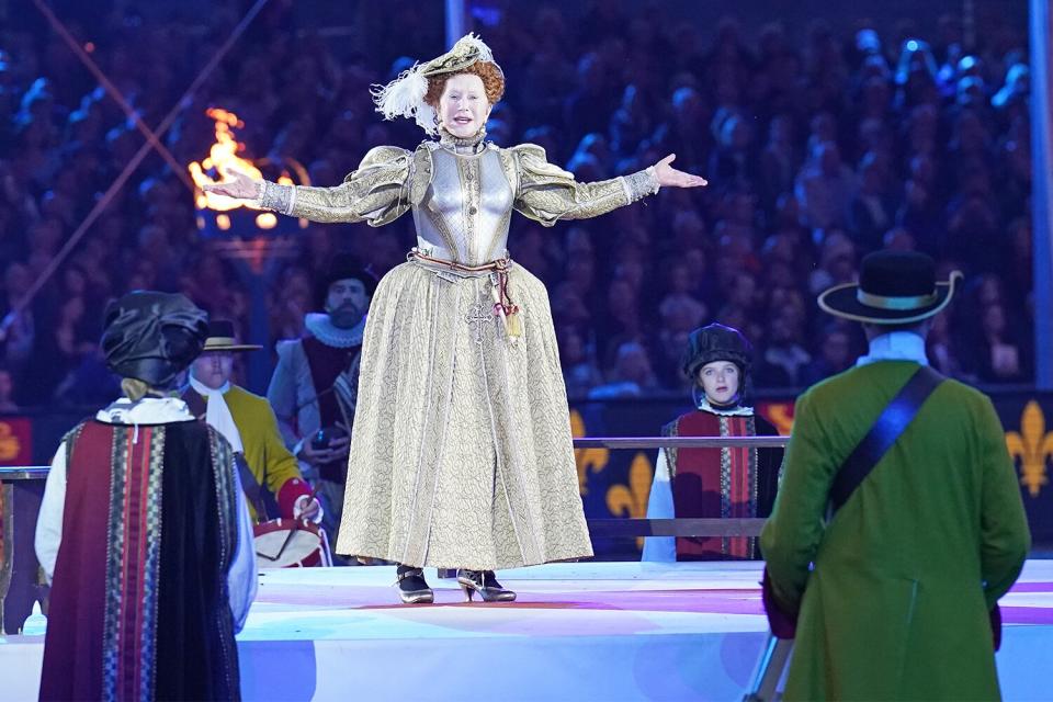 Dame Helen Mirren dressed as Queen Elizabeth I performs during the A Gallop Through History Platinum Jubilee celebration at the Royal Windsor Horse Show at Windsor Castle. Picture date: Sunday May 15, 2022. (