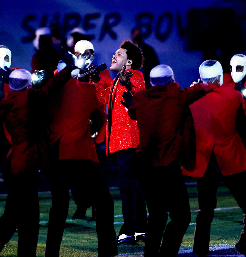 TAMPA, FLORIDA - FEBRUARY 07: The Weeknd performs during the Pepsi Super Bowl LV Halftime Show at Raymond James Stadium on February 07, 2021 in Tampa, Florida. (Photo by Patrick Smith/Getty Images)