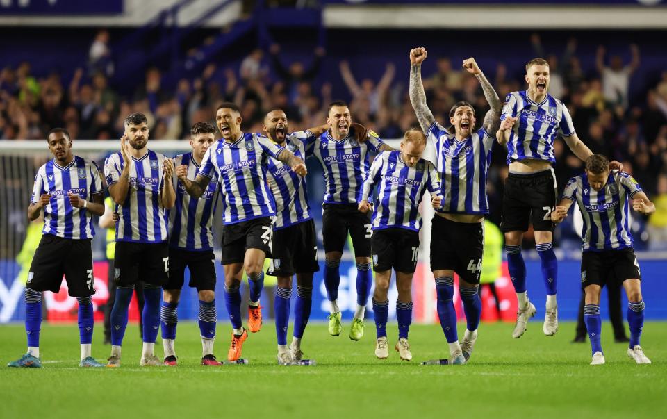 Sheffield Wednesday players celebrate in the penalty shootout after their improbable comeback - Matt McNulty/Getty Images