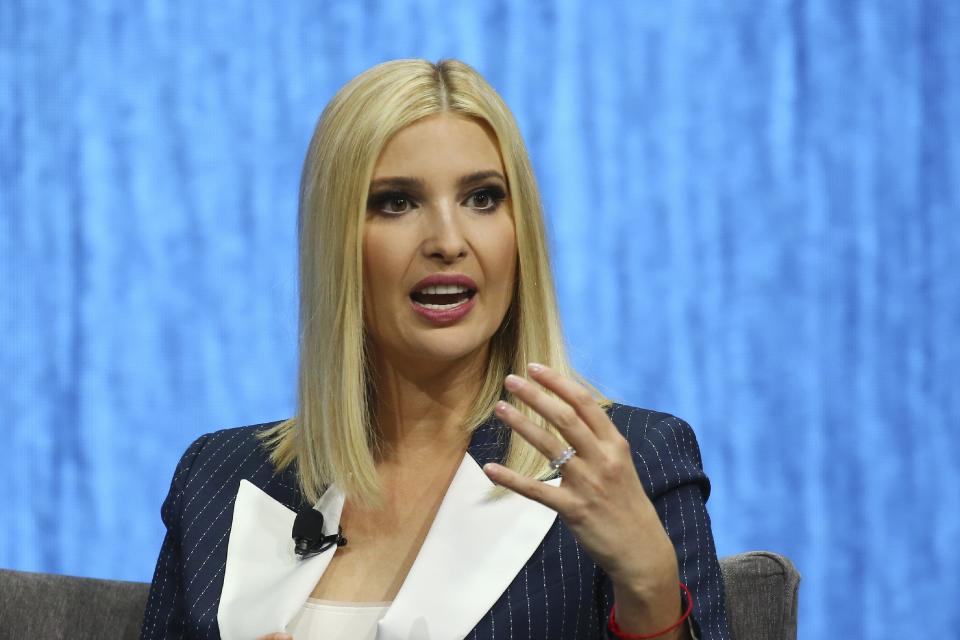 Ivanka Trump, the daughter and senior adviser to U.S. President Donald Trump, answers a question as she is interviewed at the Consumer Technology Association Keynote during the CES tech show Tuesday, Jan. 7, 2020, in Las Vegas. (AP Photo/Ross D. Franklin)