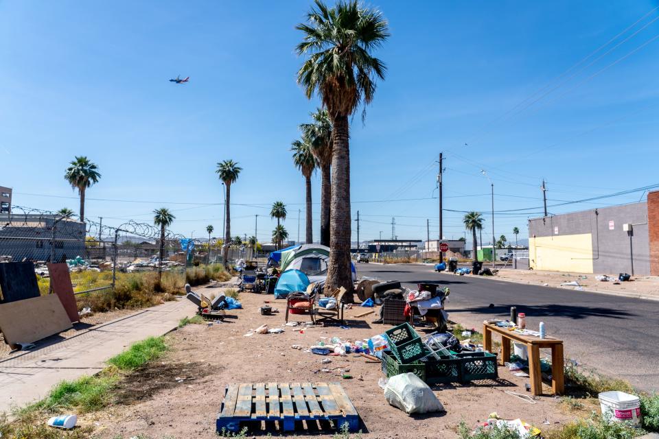 A view of a vacant spot where Crystal McDougall and Matthew Burke lived at a homeless encampment known as "The Zone" along Ninth Avenue near Jefferson Street in Phoenix on April 28, 2023.