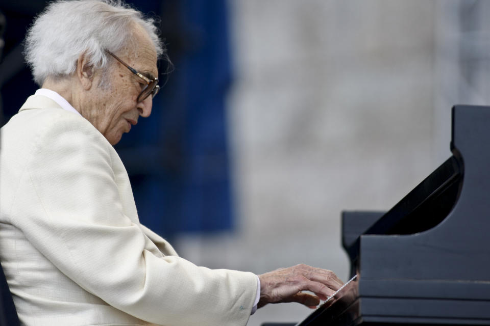 FILE - In this , Aug. 9, 2009, file photo, Dave Brubeck performs at George Wein's Carefusion Newport Jazz 55 in Newport, R.I. Nearly eight years after his death, the final solo recording of the late American jazz legend is set for release Nov. 6, 2020. Verve Records announced that "Lullabies," a collection of intimate standards often played for children, will be available in the latest effort by a label to preserve unreleased jazz recordings. (AP Photo/Joe Giblin, File)