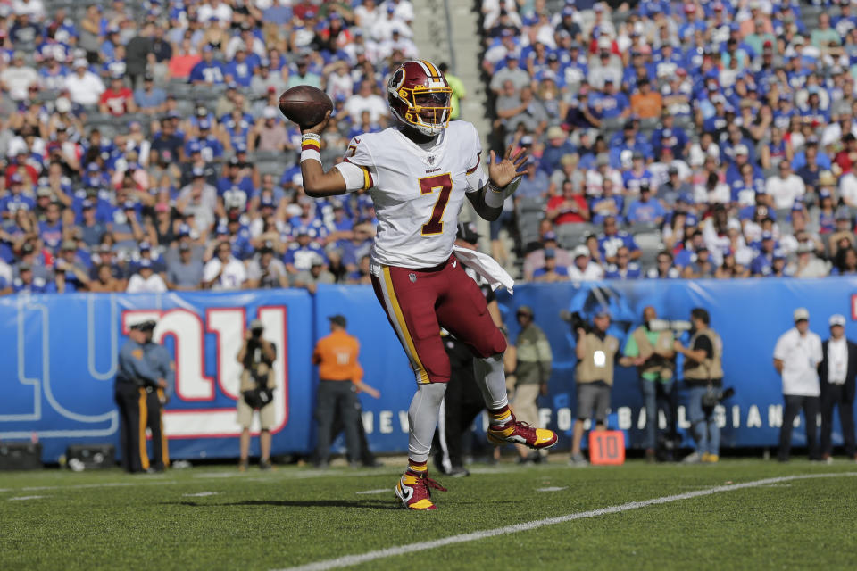 Washington Redskins quarterback Dwayne Haskins throws during the second half of an NFL football game against the New York Giants, Sunday, Sept. 29, 2019, in East Rutherford, N.J. (AP Photo/Adam Hunger)