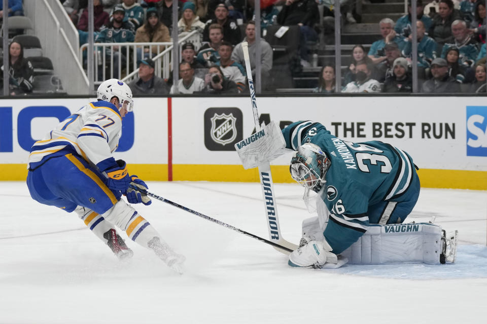 San Jose Sharks goaltender Kaapo Kahkonen (36) defends against a shot attempt by Buffalo Sabres right wing JJ Peterka (77) during the second period of an NHL hockey game in San Jose, Calif., Saturday, Feb. 18, 2023. (AP Photo/Jeff Chiu)