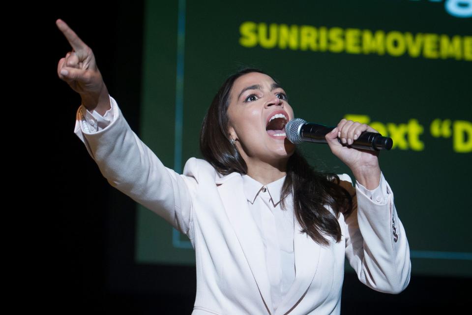 Rep. Alexandria Ocasio-Cortez, D-N.Y., speaks at the final event for the Road to the Green New Deal Tour at Howard University in Washington, May 13, 2019.
