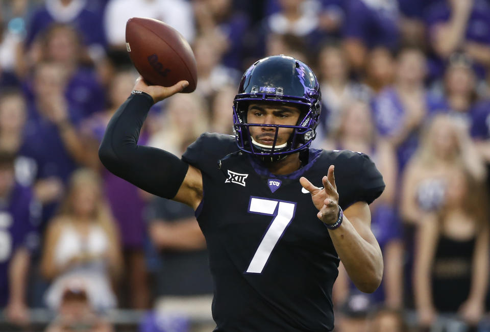 FILE – In this Nov. 4, 2017 file photo, TCU quarterback Kenny Hill (7) throws against Texas during the first half of an NCAA college football in Fort Worth, Texas. TCU will be without senior quarterback Kenny Hill and safety Niko Small because of unspecified injuries, when they face Texas Tech. (AP Photo/Ron Jenkins)