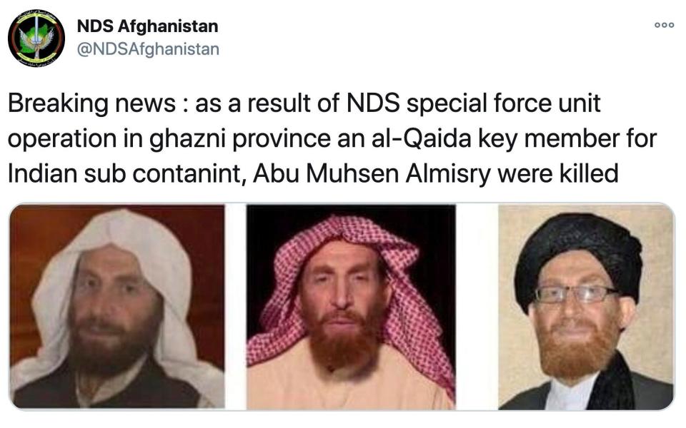 A tweet from NDS Afghanistan saying that they had killed Abu Muhsin al-Masri in operations, accompanied by three profile photos of al-Masri - NDS Afghanistan via Twitter/via REUTERS