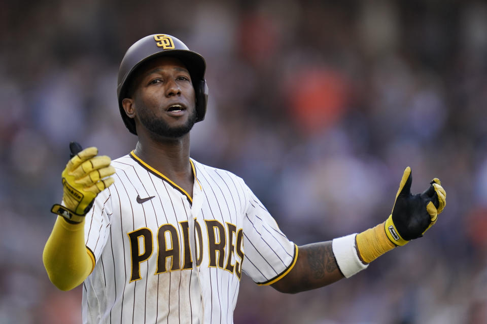 San Diego Padres' Jurickson Profar reacts after lining out during the ninth inning of a baseball game against the San Francisco Giants, Thursday, Sept. 23, 2021, in San Diego. (AP Photo/Gregory Bull)