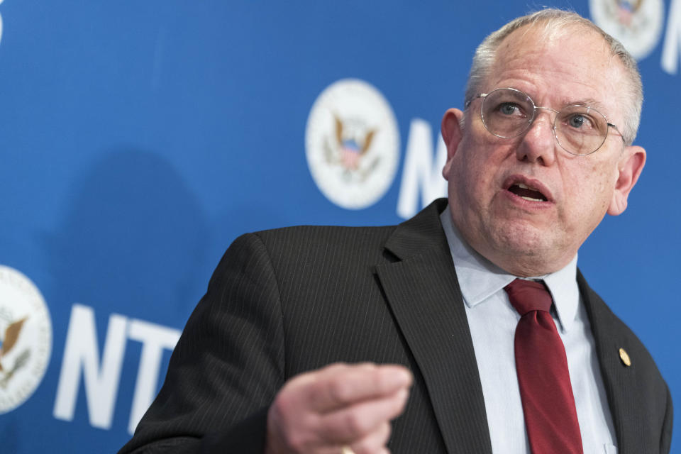 Robert Hall, Director of the National Transportation Safety Board (NTSB) Office of Railroad, speaks Thursday, Feb. 23, 2023, in Washington, about the investigation into the Feb. 3 train derailment in East Palestine, Ohio. (AP Photo/Jacquelyn Martin)