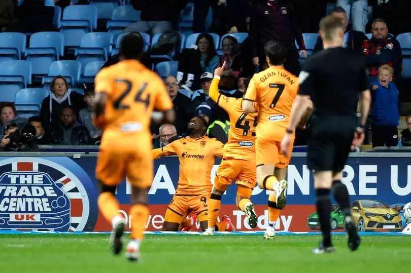 Noah Ohio celebrates scoring Hull City's third goal at Coventry -Credit:Nigel French/PA Wire