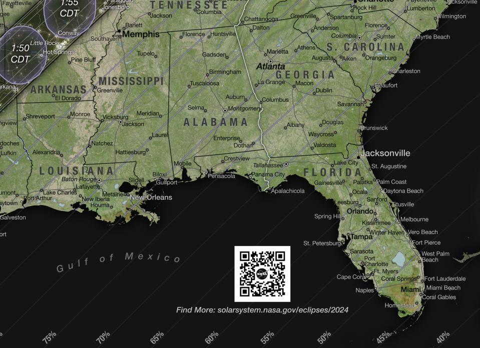 This map from NASA's Scientific Visualization Studio (Michala Garrison, Ernie Wright, Laurence Schuler and Ian Jones) shows the path of totality for the April 8, 2024, Total Solar Eclipse. The map includes states that are not in the path, like Florida, Louisiana and Alabama. However, the map does note the percentage of visibility by state and city.