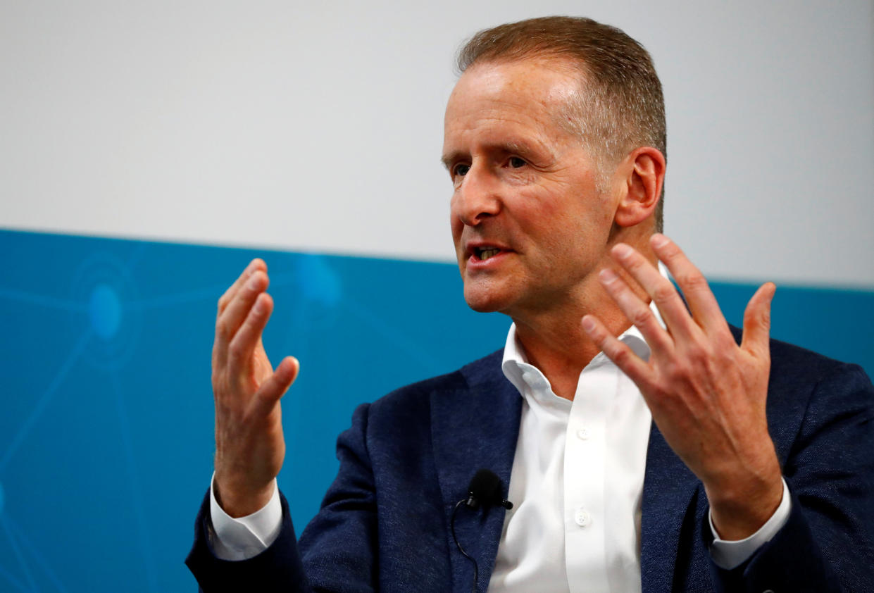 Volkswagen CEO Herbert Diess addresses a news conference in Berlin February 27, 2019. Photo: Reuters/Fabrizio Bensch