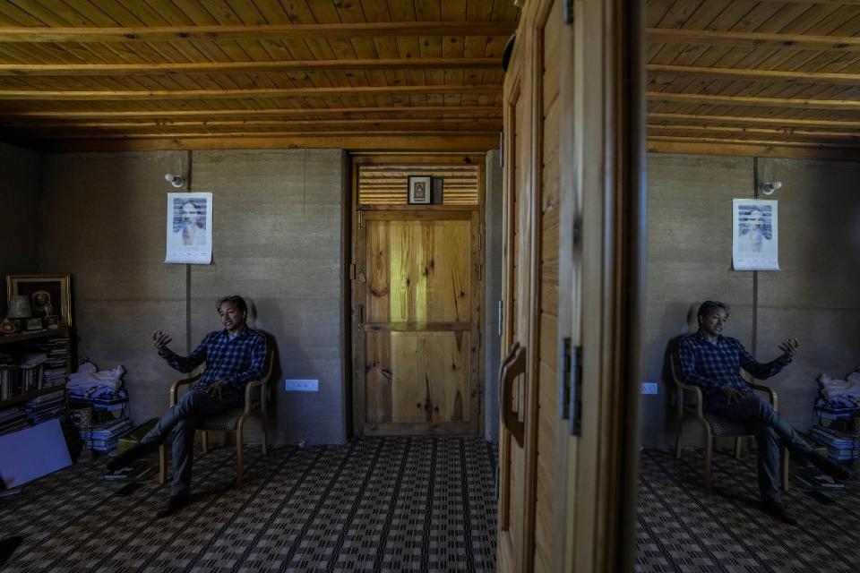 Sonam Wangchuk, an engineer working on solutions for sustainability at his Himalayan Institute of Alternative Ladakh, talks to The Associated Press near Leh in the cold desert region of Ladakh, India, Monday, Sept. 19, 2022. (AP Photo/Mukhtar Khan)