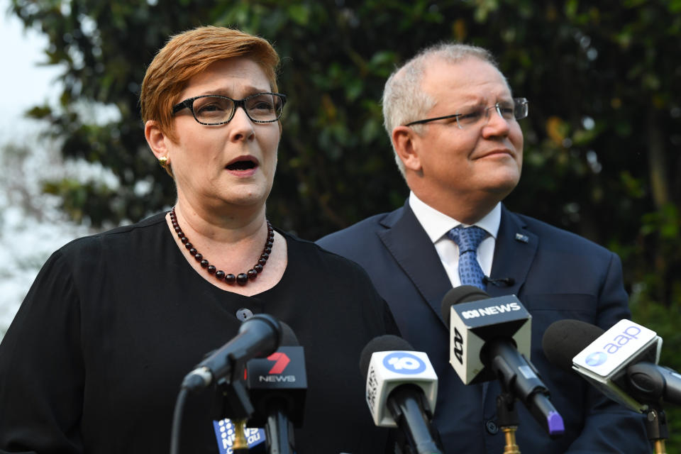 SYDNEY, AUSTRALIA - DECEMBER 10: Australian Prime Minister Scott Morrison with Foreign Minister Marise Payne addressing media at Kirribilli House on December 10, 2019 in Sydney, Australia. Three Australians are feared amongst the dead and several are injured or missing following a volcanic eruption at White Island in the Bay of Plenty on Monday. (Photo by James D. Morgan/Getty Images)