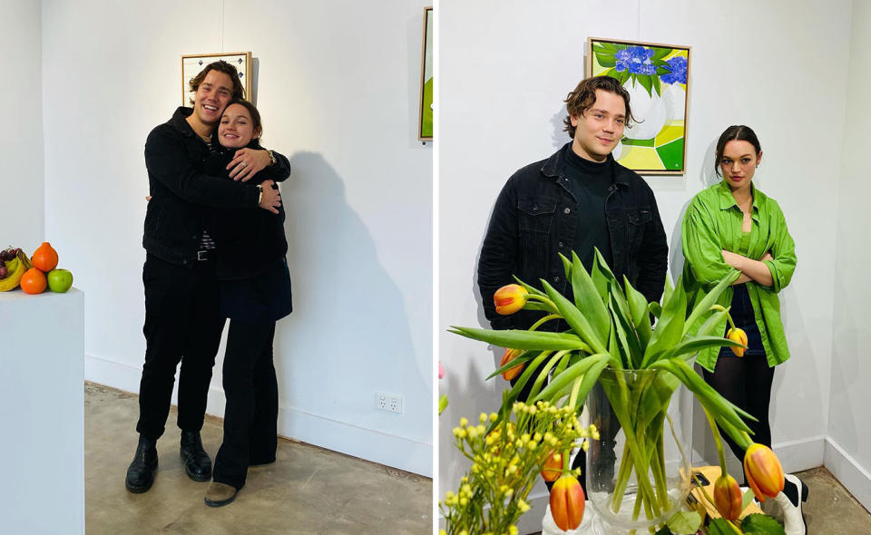 Two photos of Courtney Miller and Lukas Radovich at Courtney's art exhibition in Melbourne