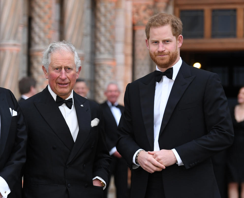 Prince Charles and Prince Harry attending the World Premiere of Our Planet at the Natural History Museum, London. Photo dated 4th April, 2019. Copyright should read: Doug Peters/EMPICS