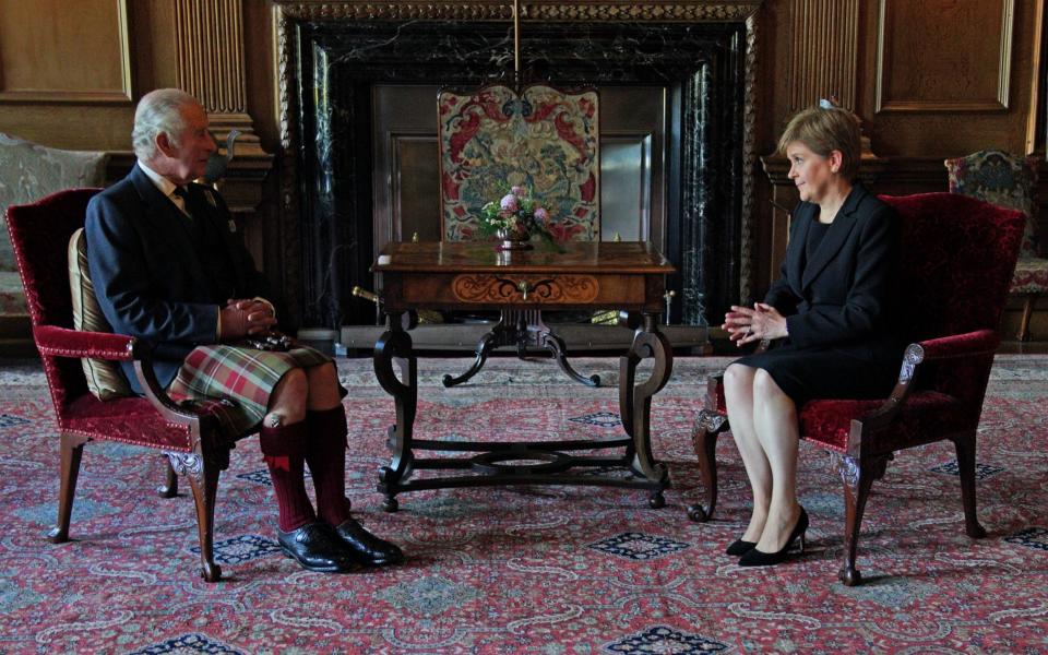 King Charles III during an audience with the First Minister of Scotland Nicola Sturgeon at the Palace of Holyroodhouse - Peter Byrne/PA