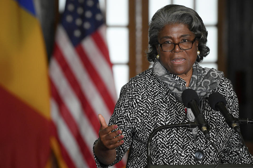 Linda Thomas-Greenfield, United States ambassador to the United Nations gestures during a press conference following a visit to a help center that is assisting refugees fleeing the war from neighbouring Ukraine, in Gara de Nord, the main railway station, in Bucharest, Romania, Monday, April 4, 2022. (Alex Micsik/Pool Photo via AP)