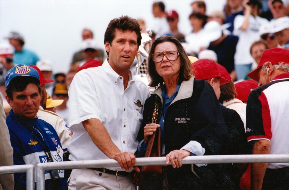 Mari Hulman George with son Tony George in 1996, the first year of the Indy Racing League. 
