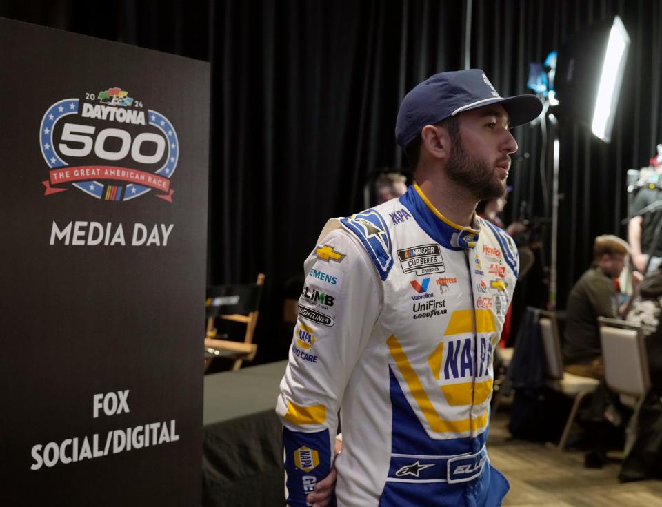 Chase Elliott answers questions from the media during Media Day at Daytona International Speedway, Wednesday, Feb. 14, 2024.