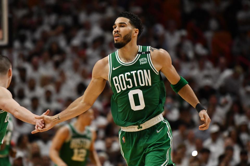 Jayson Tatum has scored at least 27 points in nine of 13 playoff games.